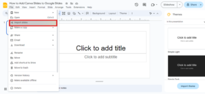 Screenshot of google slides interface indicating the "import slides" option in the "file" dropdown menu